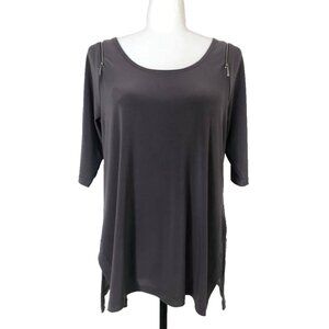 SYMPLI Tunic Blouse Top Size 10 Gray Stretchy Jersey Knit Zippered Shoulders EUC